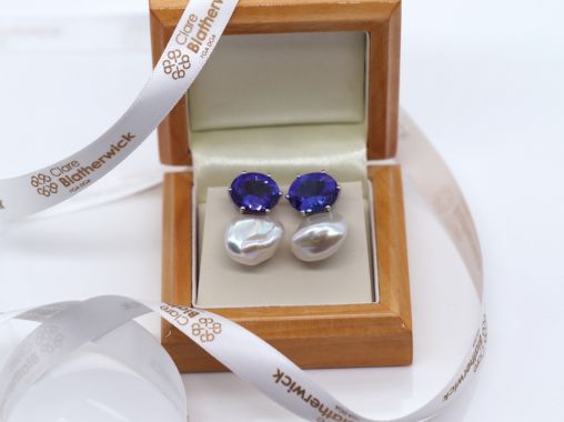 HARMONY COLLECTION - A Pair of Tanzanite Earstuds with Detachable Freshwater Cultured Pearl Drops